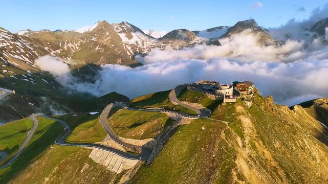 Drone View of Edelweissspitze on Grossglockner Alpine Road at Sunrise
