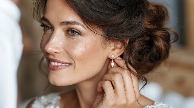 Smiling bride wearing elegant pearl earrings, preparing for wedding ceremony, happy woman getting ready on her special day