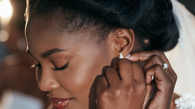 African american bride getting ready for wedding ceremony, putting on elegant pearl earring and showing engagement ring
