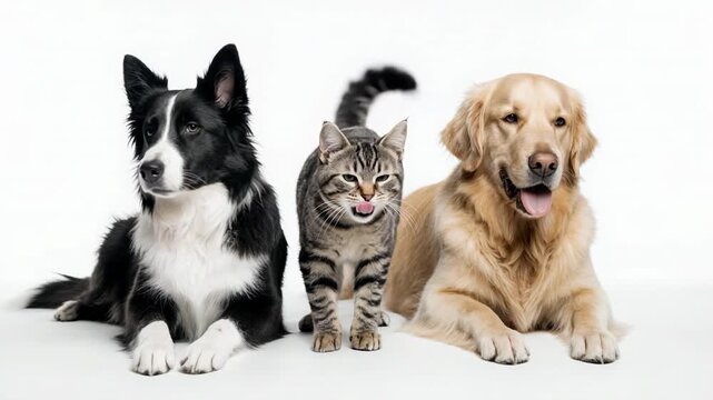 Adorable Border Collie and Golden Retriever dogs with a tabby cat posing together in studio lighting for a pet brand campaign