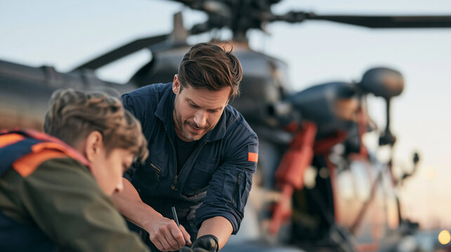 Pilot discussing flight plan with crew member near helicopter, preparing for aviation mission or rescue operation
