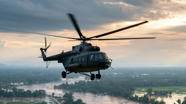 Military helicopter flying over flooded rural landscape during a dramatic sunset, undertaking a rescue or relief mission