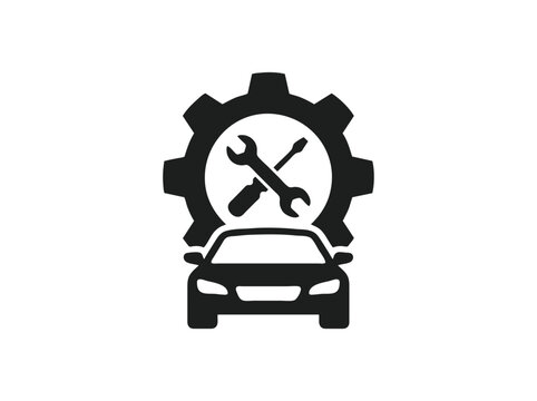 Automotive repair service icon, car maintenance gear and tools vector, black mechanical garage logo on white background