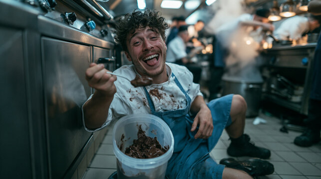 Exhausted Chef Sitting on Kitchen Floor Eating Chocolate