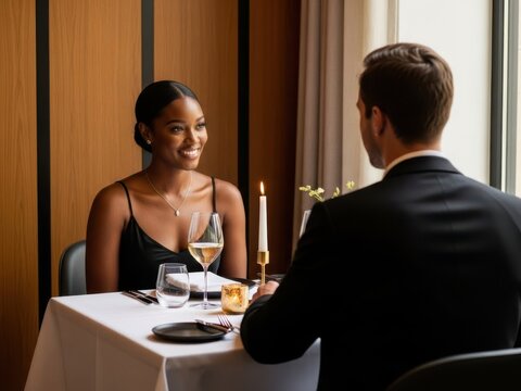 A romantic dinner date featuring a smiling woman and a man in a suit sitting across from each other at a restaurant table with a candle and wine glasses
