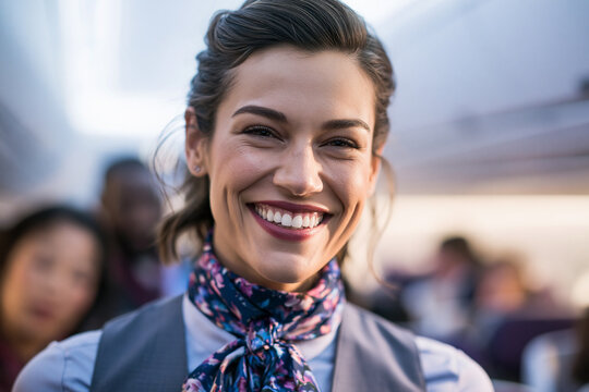 Smiling Flight Attendant in Airplane Cabin Looking at Camera