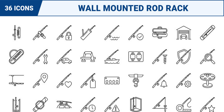 Fishing Rod Storage Web Icon Set in Linear Style. Collection of Rod Organizer line icons, including wall rack, travel tube, car carrier, garage setup, rod holder, equipment care.