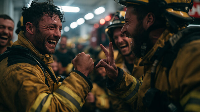 Happy Firefighters Celebrating Together After Rescue Operation