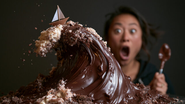 Surprised Woman Looking at Giant Melted Chocolate Wave