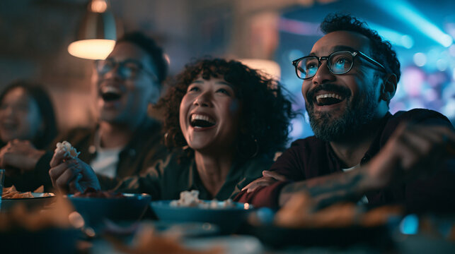 Diverse Friends Laughing and Watching Movie Together Indoors