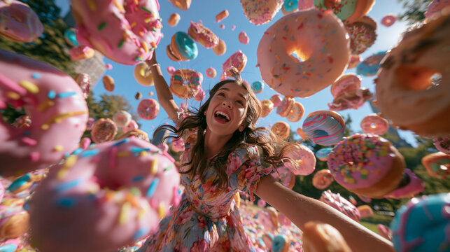 Joyful Woman Surrounded by Raining Glazed Donuts Outdoors