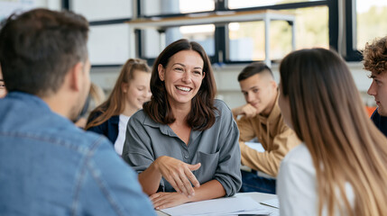 Obraz premium Teacher laughing and interacting with diverse students in a classroom during a collaborative learning session
