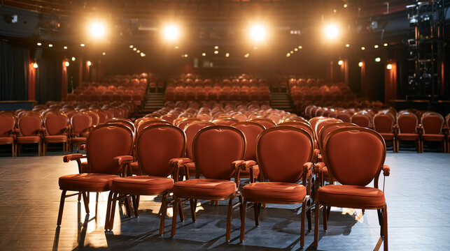 Empty theater auditorium featuring rows of red seats, stage lights illuminating the performance area, ready for a show
