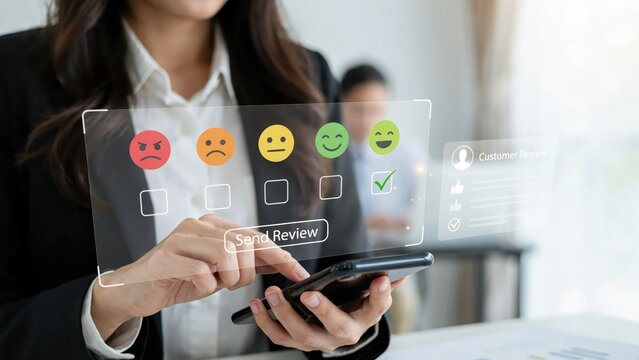 Businesswoman using a smartphone to submit a customer review with a glowing interface showing five emoticons for feedback and satisfaction