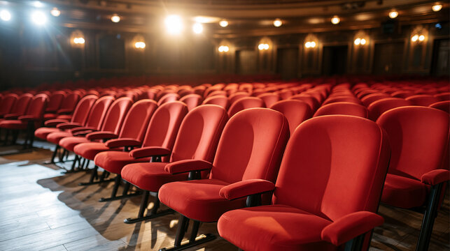 Empty theater auditorium featuring rows of red velvet seats illuminated by stage spotlights, awaiting a performance