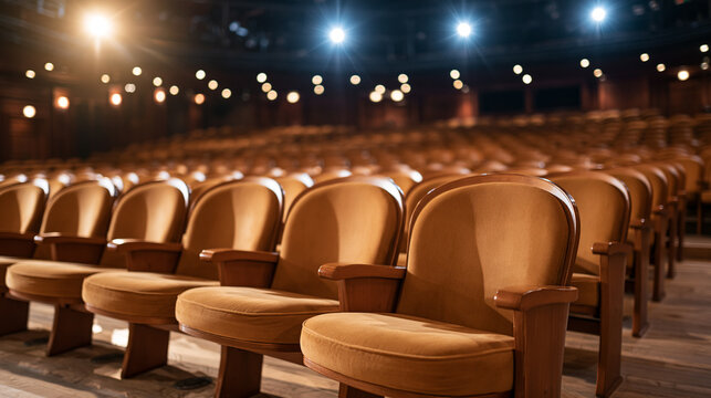Empty theater auditorium featuring rows of velvet seats under bright stage spotlights, waiting for a performance to begin