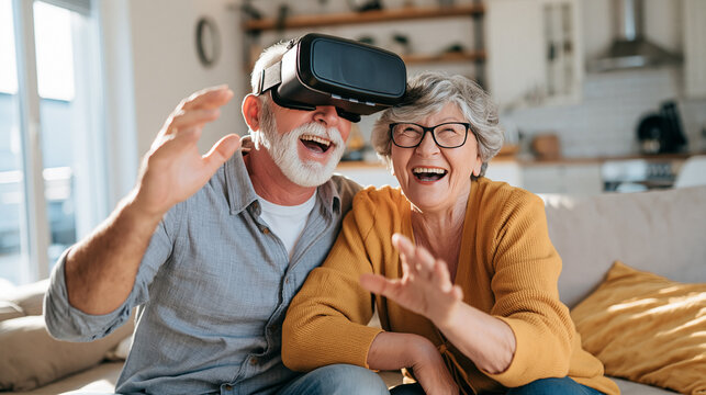Senior couple experiencing virtual reality together, laughing and having fun with new technology at home