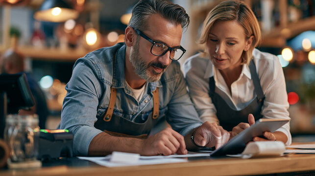 Restaurant owners using digital tablet for business planning, reviewing financial strategy and managing small enterprise