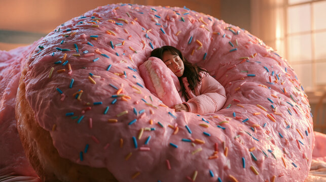 Woman Sleeping Inside Giant Pink Frosted Donut Bed