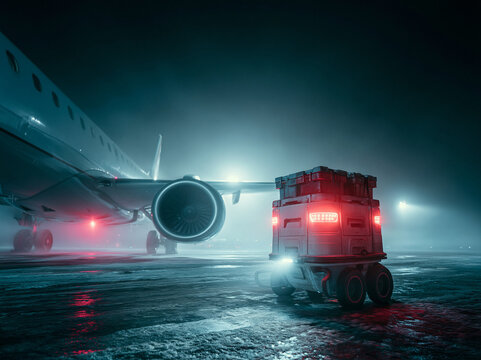 Autonomous Delivery Robot on Airport Tarmac Near Airplane at Night