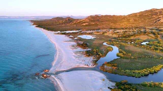 Sunrise Drone View of Berchida Beach in Sardinia
