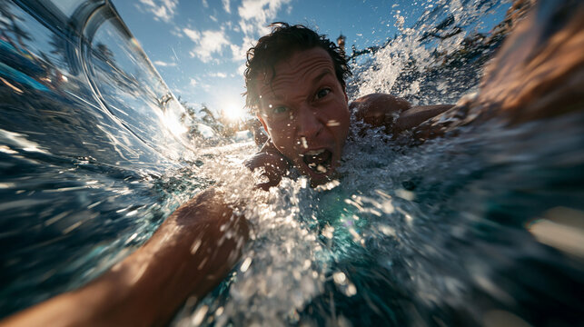 Energetic Man Swimming Front Crawl with Water Splash