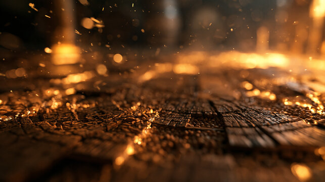 Golden Glowing Sparks on Textured Rustic Wood Surface