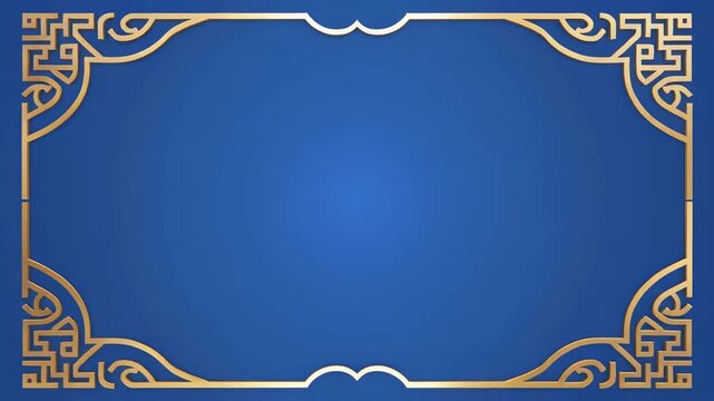 Elegant golden ornate corner frames animate on a deep blue gradient background with subtle light reflections