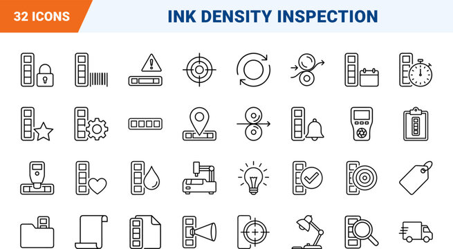 Ink Density Strip Print Quality Control Web Icon Set in Linear Style. Collection of Press Calibration line icons, including densitometry, prepress, calibration, inspection, proofing, presswork.