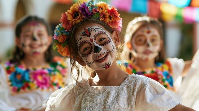 Joyful Children Celebrating Dia de los Muertos in Sugar Skull Makeup