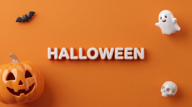 Halloween 3D text on orange background, festive holiday banner with pumpkin and ghost, spooky seasonal greeting card
