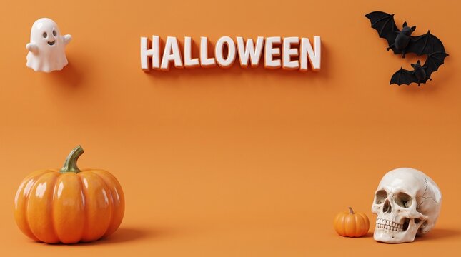 Halloween orange background with 3D text, spooky ghost and pumpkin decorations, festive holiday banner with skull and bats