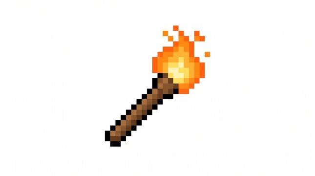 8-bit pixel art of a burning wooden torch dungeon lighting game asset isolated on white.
