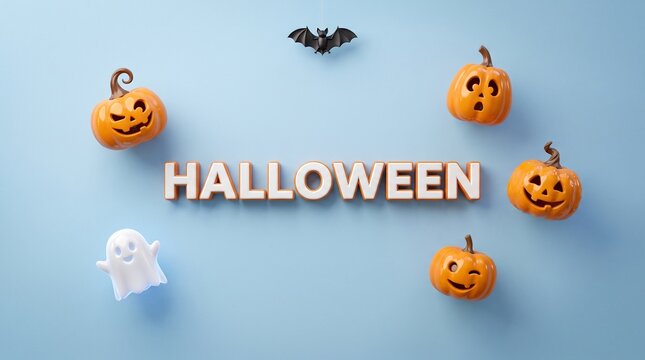 Halloween wooden text sign on blue background. Festive pumpkin decor with ghost and bat. Minimalist holiday flat lay for seasonal marketing.