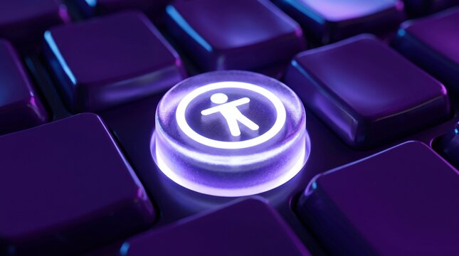 Accessibility icon on glowing keyboard button, digital inclusion and web accessibility symbol, purple neon computer keys for inclusive technology design
