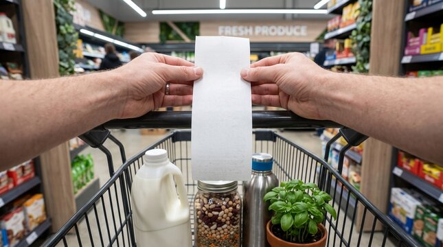 Grocery store receipt held by hands over shopping cart, person checking shopping list in supermarket, retail consumer budget and inflation concept in food aisle