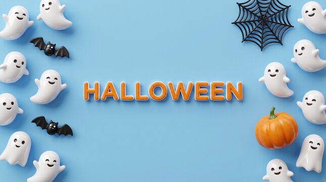 Halloween flat lay with cute ghosts and orange text. Spooky holiday background with pumpkins, bats, and spider webs on blue.