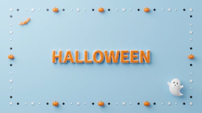 Minimalist Halloween greeting card, orange 3D text on blue background, festive holiday border with cute ghost and pumpkins
