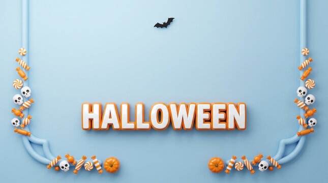 Halloween 3D text on light blue background, spooky holiday frame with skulls and pumpkins, festive seasonal border for social media