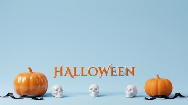 Halloween holiday banner with orange pumpkins and white skulls, spooky seasonal background, festive autumn celebration layout