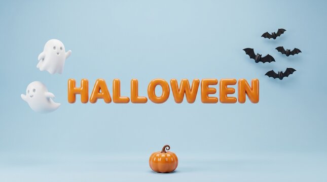 Halloween 3D text banner with cute ghosts and bats. Spooky seasonal greeting on blue background. Festive autumn holiday concept.