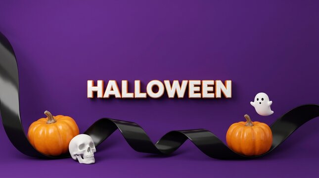 Halloween 3D text banner on purple background, spooky pumpkins and skull with black ribbon, festive holiday greeting card
