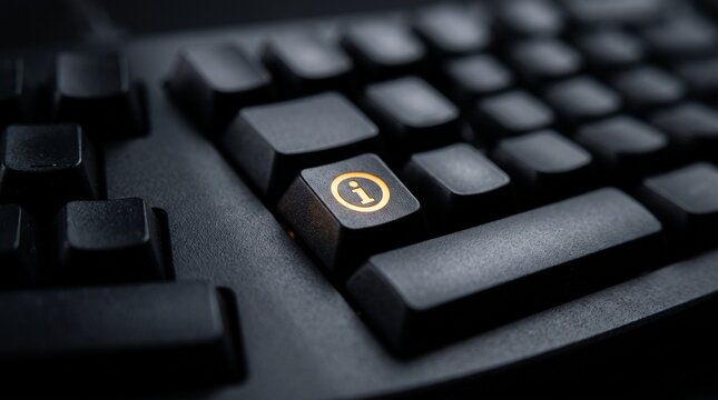 Information icon key on black computer keyboard, close up of glowing info button for customer support, digital help desk and online assistance concept