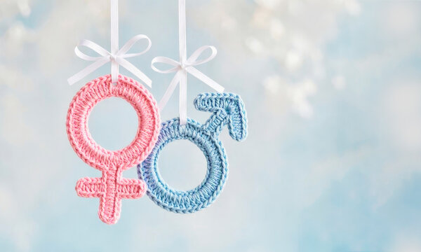 Knitted symbols of a man and woman on white ribbons with bows. Congratulatory banner or card for the birth of a baby. Baby gender reveal party.