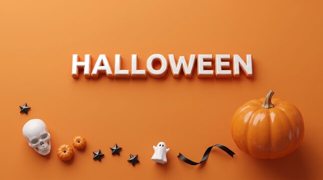 Halloween 3D text on orange background, festive holiday composition with pumpkin and skull, spooky seasonal banner with ghost and stars
