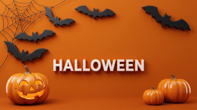 Halloween festive background with orange pumpkins and black bats. Spooky holiday composition with jack o lantern and spider web. Autumn seasonal celebration.