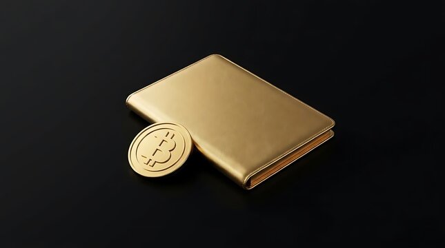 Golden wallet and Bitcoin coin on dark background.