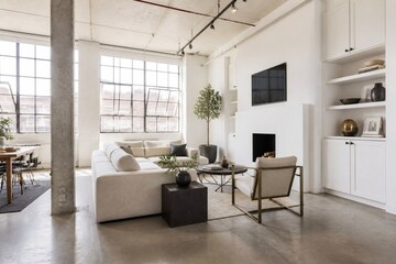 Fototapeta premium White Loft Living Area With Large Industrial Windows