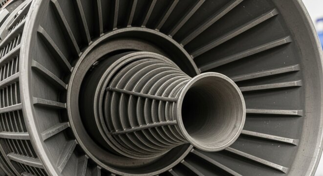 Intricate Mechanical Turbine Engine Component with Concentric Rings and Fan Blades