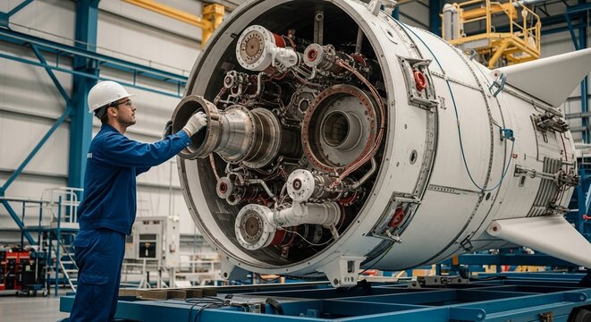 Intricate rocket engine assembly by a skilled engineer in a modern aerospace workshop.